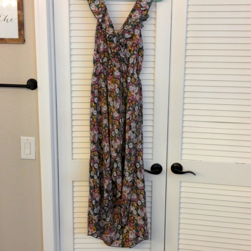 Floral print ruffle trim back tie dress